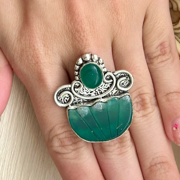 RING Green Onyx Sterling Silver Filigree | Bali Silver Artisan Jewelry | 925 - Picture 4 of 4